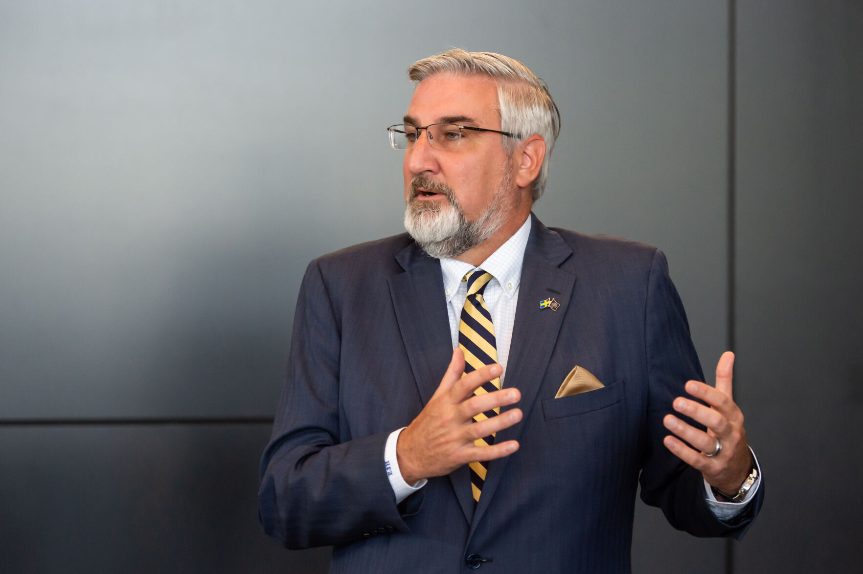 10/13/21 Saab Grand Opening, Indiana Governor Eric Holcomb fields questions from press